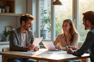 Jeune couple discutant avec un agent immobilier dans une cuisine lumineuse