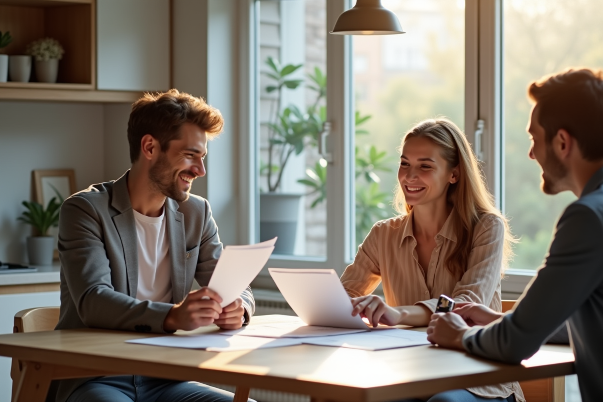 Jeune couple discutant avec un agent immobilier dans une cuisine lumineuse