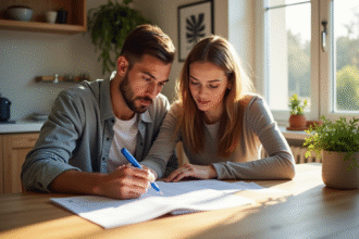 Jeune couple signant un contrat d'assurance maison à la cuisine