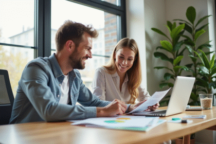 Couple souriant comparant documents de prêt immobilier