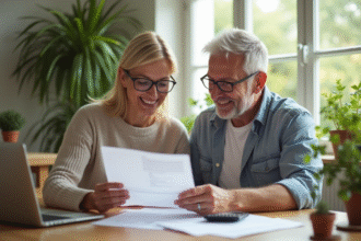 Couple heureux examinant un document d'impots à la maison