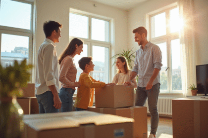 Famille heureuse déballant des cartons dans un salon lumineux