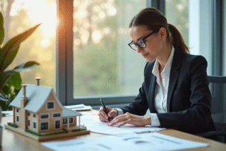 Femme d'affaires confiante dans un bureau moderne analysant des documents immobiliers