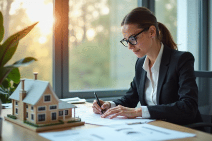 Femme d'affaires confiante dans un bureau moderne analysant des documents immobiliers