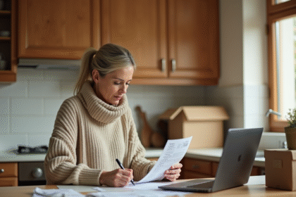 Femme d'âge moyen remplissant un formulaire de changement d'adresse dans la cuisine