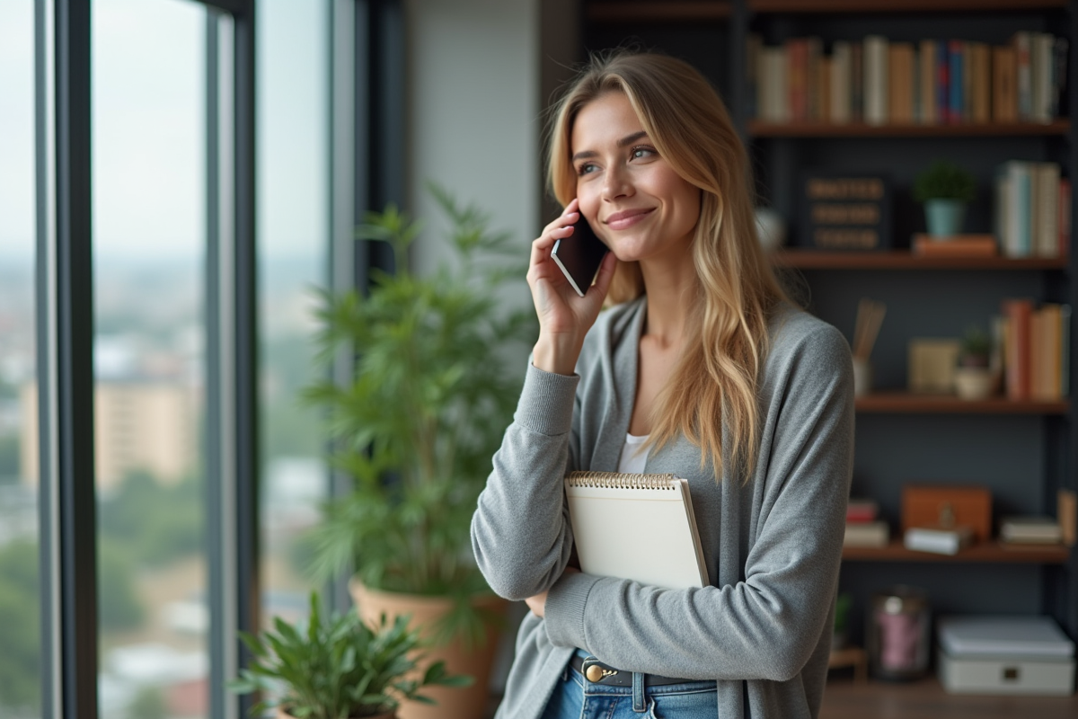 Jeune femme parlant au téléphone près d
