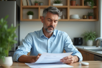 Homme détendu en chemise bleue regarde des documents de location
