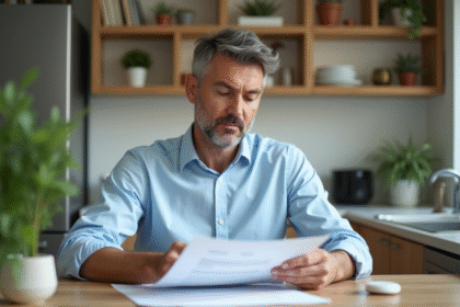 Homme détendu en chemise bleue regarde des documents de location