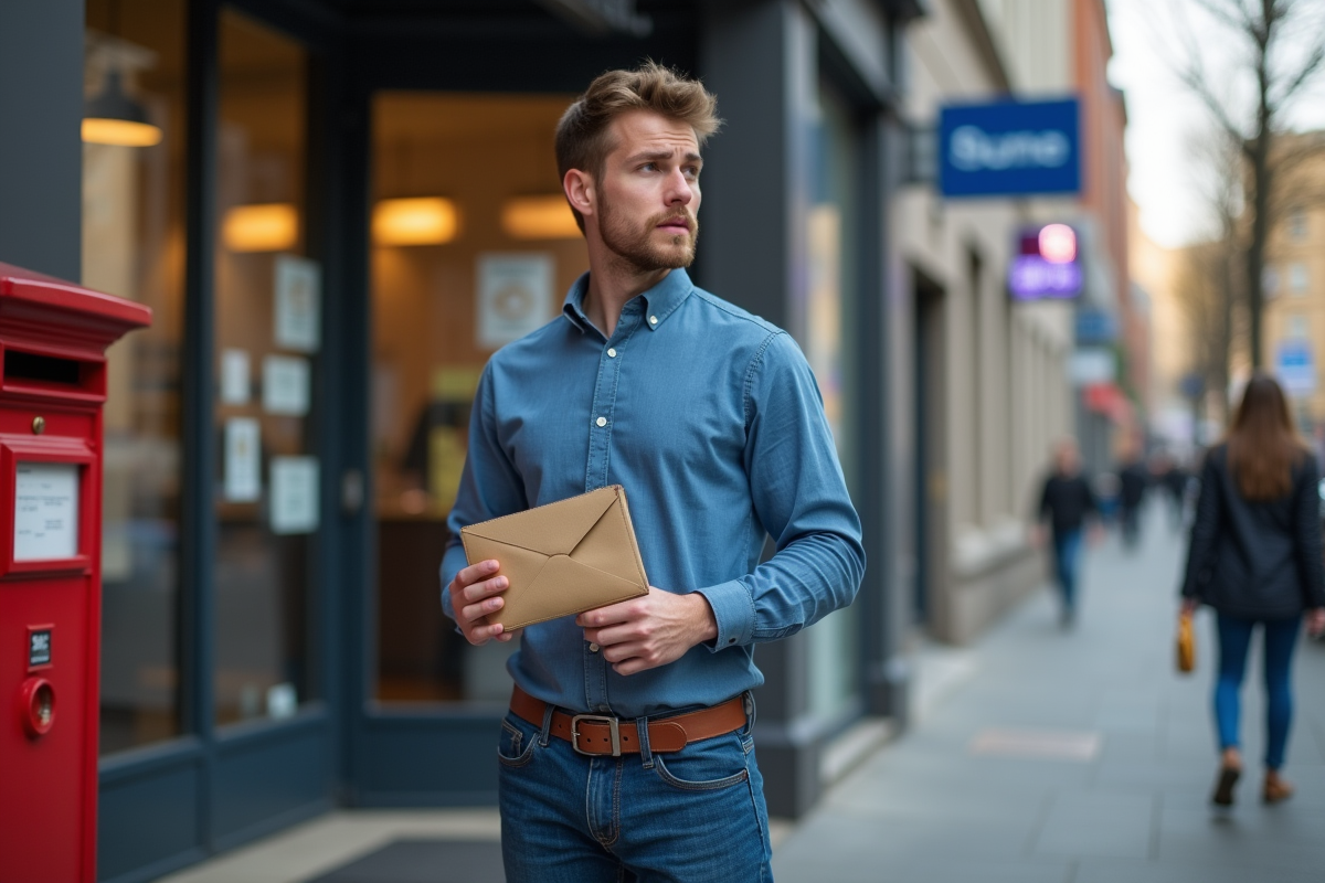 Jeune homme dehors devant un bureau de poste avec une enveloppe