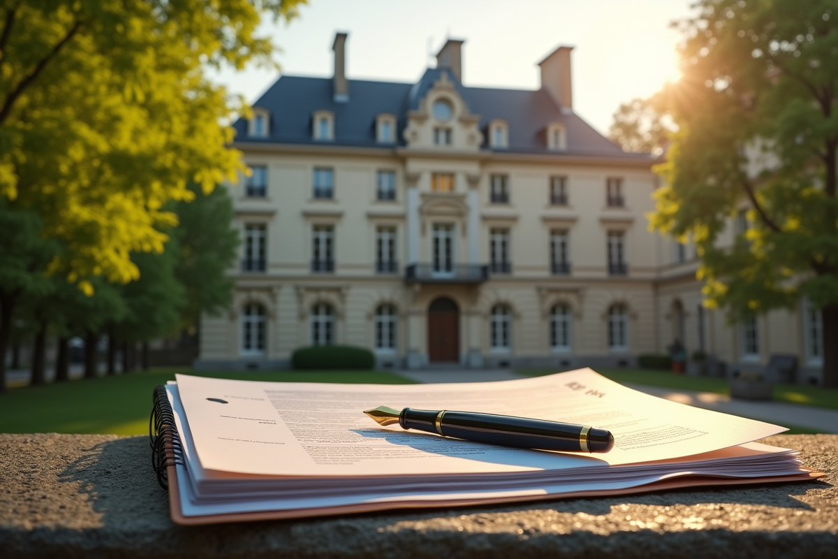 Bâtiment historique français avec façade classique et arbres au matin