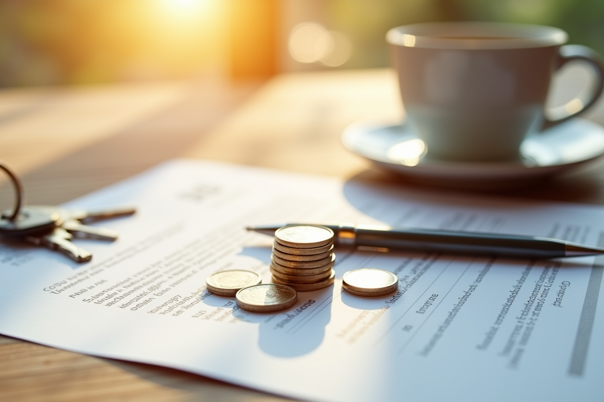 Pièce de monnaie contrat clés et café sur bureau ensoleillé
