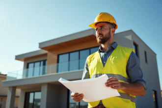 Ouvrier en gilet jaune examine façade de maison moderne
