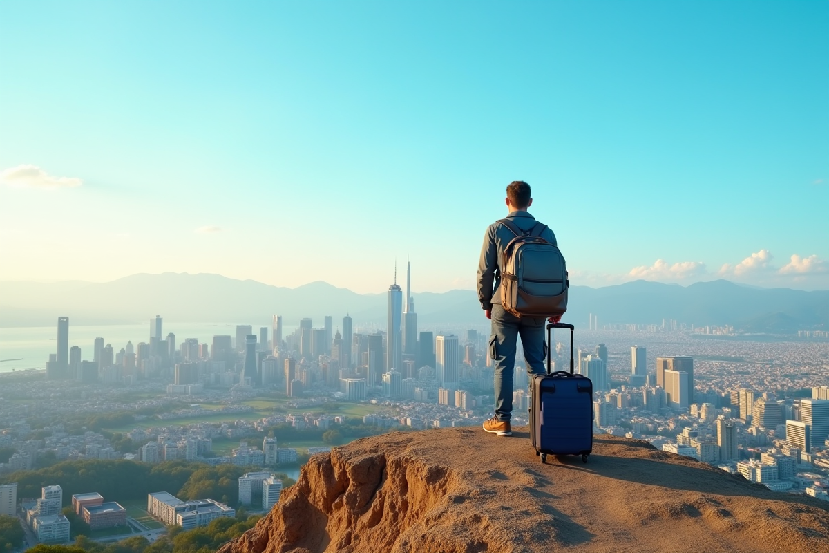Voyageur sur une colline avec vue sur une ville emblématique