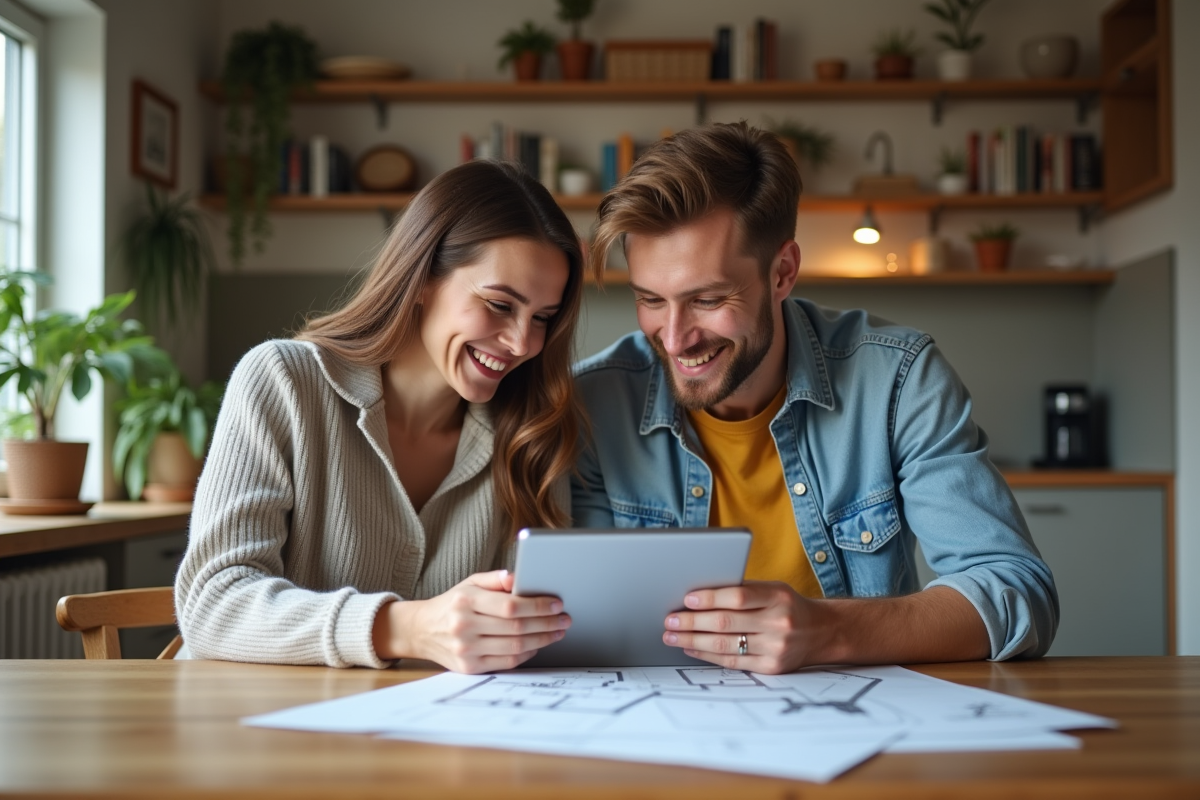 Jeune couple discutant autour d une table à la maison