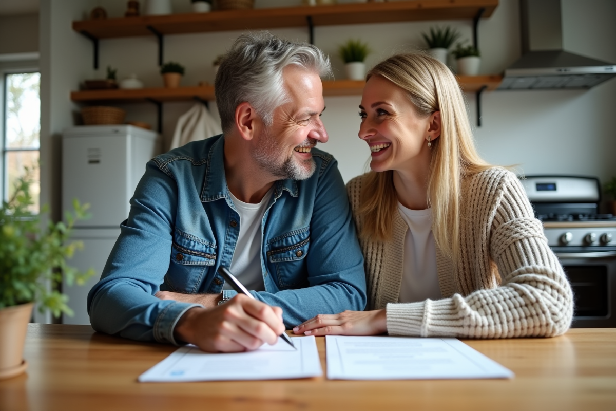 Couple souriant signant des documents de prêt immobilier à la maison