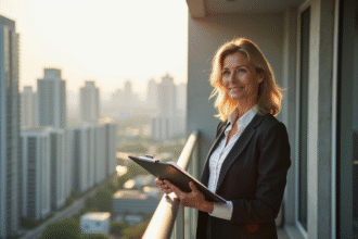 Femme d'âge moyen sur balcon avec ville en arrière-plan