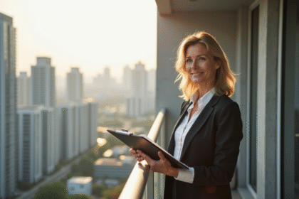 Femme d'âge moyen sur balcon avec ville en arrière-plan