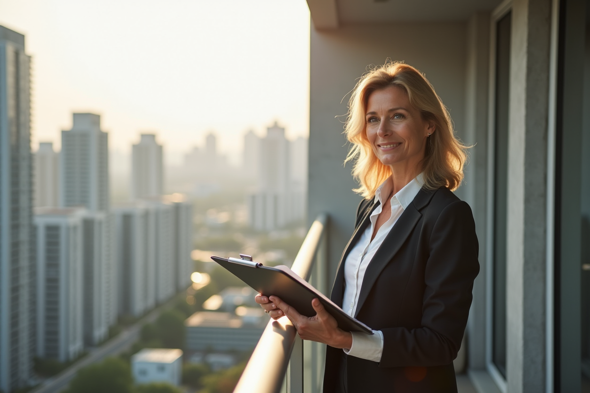 Femme d'âge moyen sur balcon avec ville en arrière-plan
