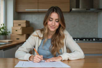 Femme remplissant un formulaire de changement d'adresse dans une cuisine lumineuse