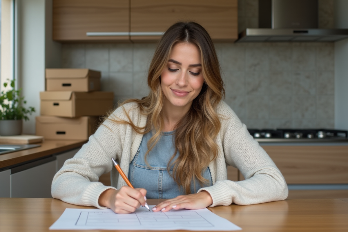 Femme remplissant un formulaire de changement d'adresse dans une cuisine lumineuse
