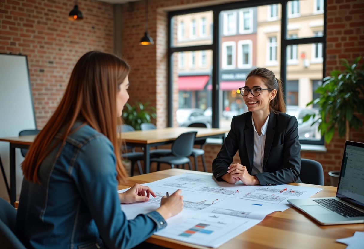 Jeune femme souriante discute plans avec un architecte dans un espace moderne
