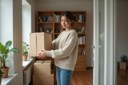 Jeune femme emballant une boxe de déménagement dans un appartement lumineux