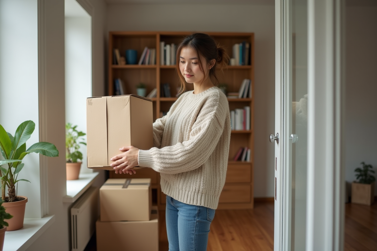 Jeune femme emballant une boxe de déménagement dans un appartement lumineux