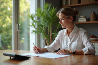 Femme d'âge moyen examinant documents immobiliers