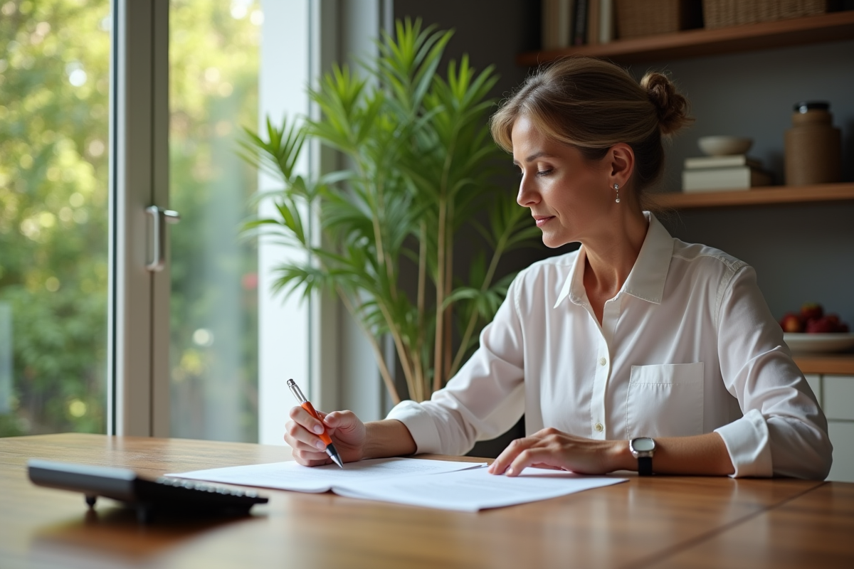 Femme d'âge moyen examinant documents immobiliers