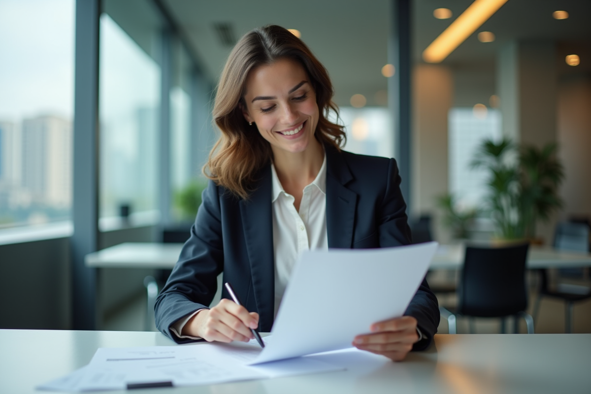 Femme d affaires souriante dans un bureau moderne