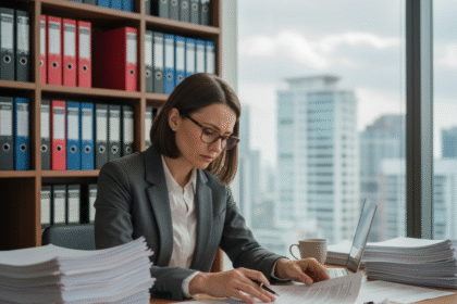 Femme professionnelle examinant des documents immobiliers