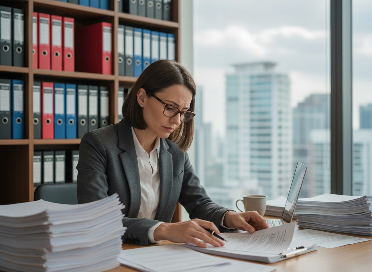 Femme professionnelle examinant des documents immobiliers
