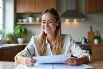 Femme souriante vérifiant des documents de prêt dans une cuisine lumineuse