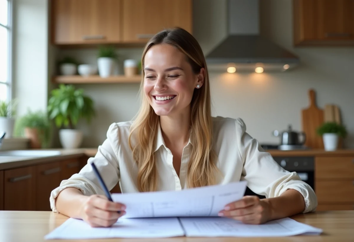Femme souriante vérifiant des documents de prêt dans une cuisine lumineuse