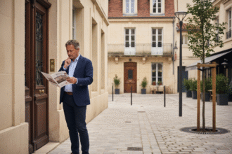 Homme d'âge moyen examine une brochure immobilière devant une maison rénovée