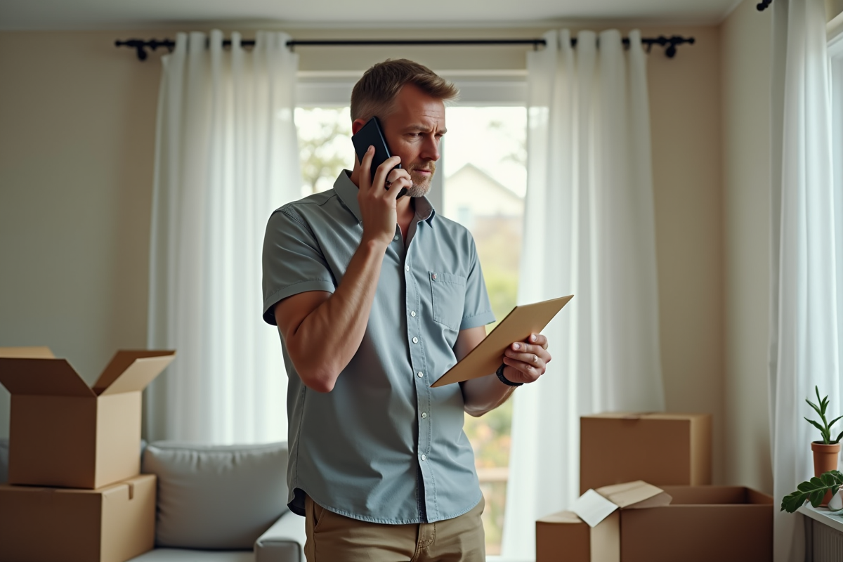 Homme parlant au téléphone dans un salon en déménagement