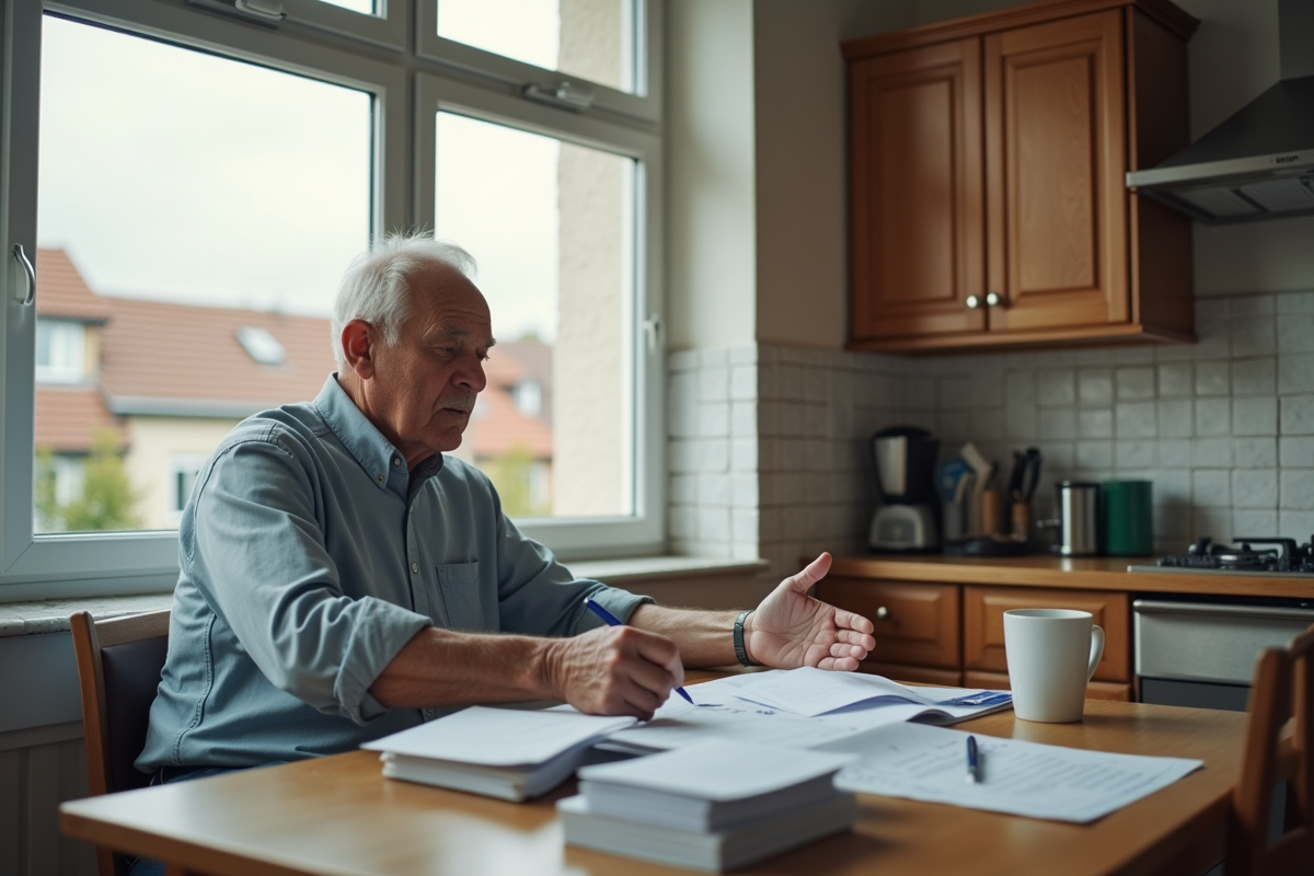 Homme âgé dans la cuisine relisant des documents