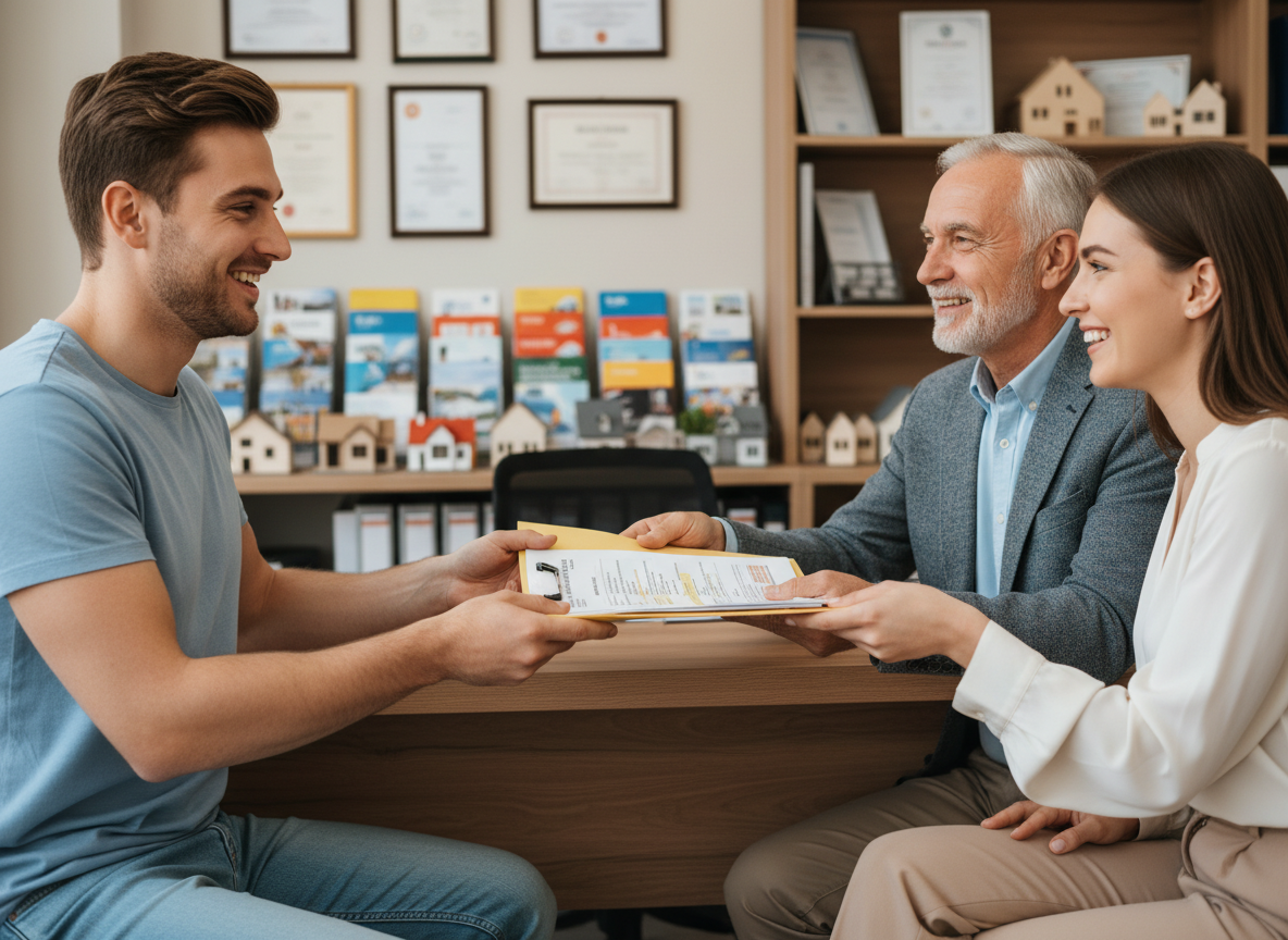 Homme d age remettant des papiers a un couple immobilier