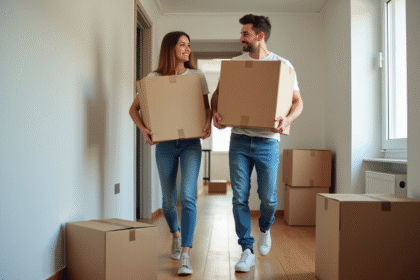 Jeune couple en déménagement dans un appartement moderne