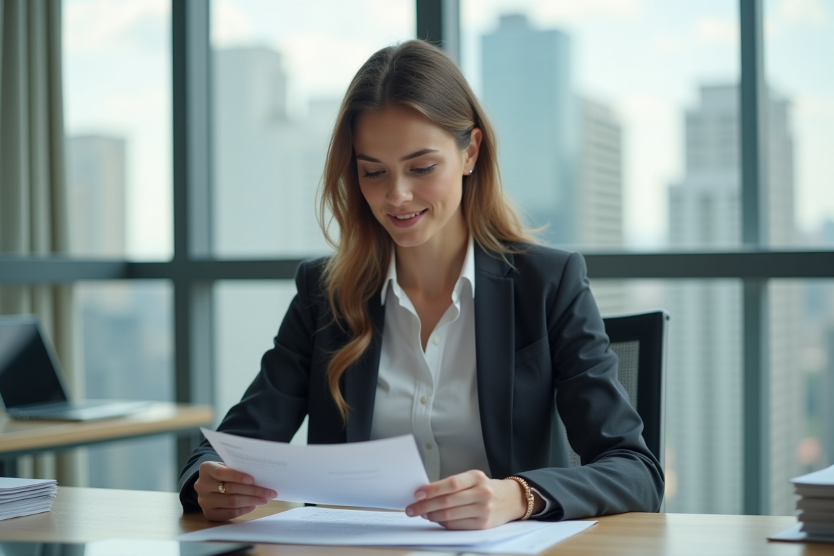 Jeune femme en blazer examinant documents de financement immobilier