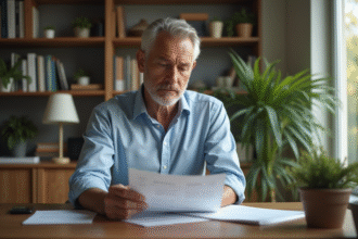 Homme loueur examinant un contrat dans un bureau organisé