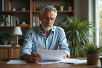 Homme loueur examinant un contrat dans un bureau organisé