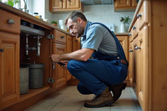 Plombier homme en action sous l'évier de cuisine