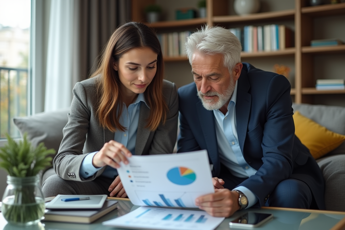 Une femme et un homme analysant un graphique financier dans un salon