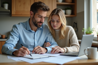 Couple français à la maison examinant des documents fiscaux
