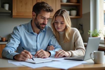 Couple français à la maison examinant des documents fiscaux
