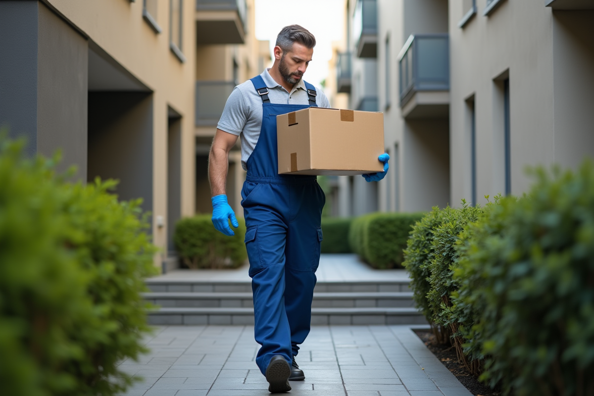 Homme en bleu portant une grande boîte d'escaliers