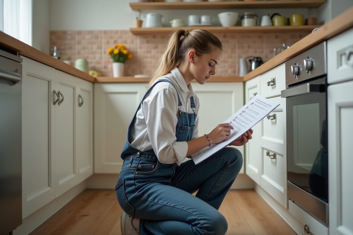 Jeune femme vérifiant une liste dans la cuisine