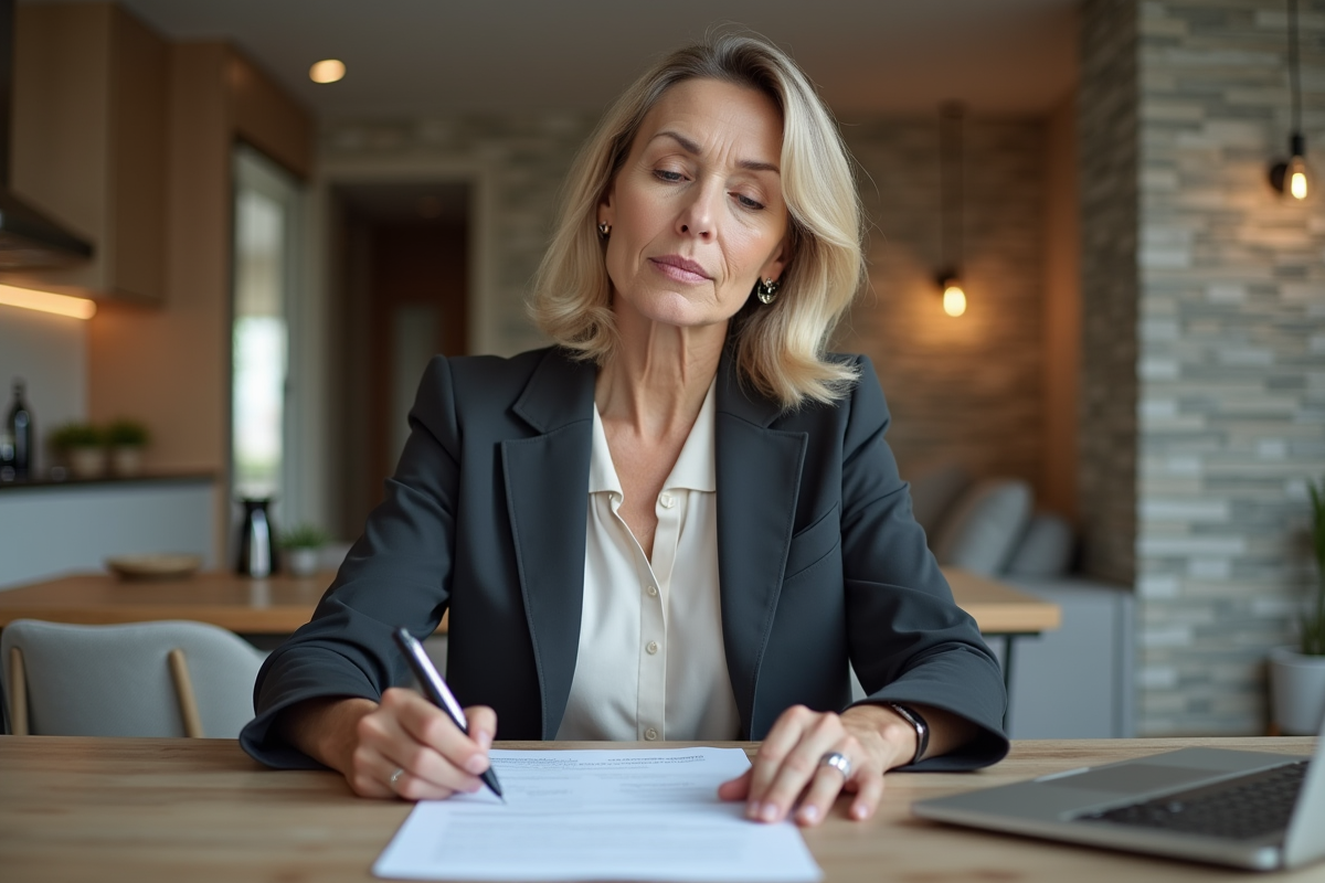 Femme d'âge moyen examinant un contrat de location dans une cuisine moderne