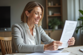 Femme souriante vérifiant des documents d'assurance maison